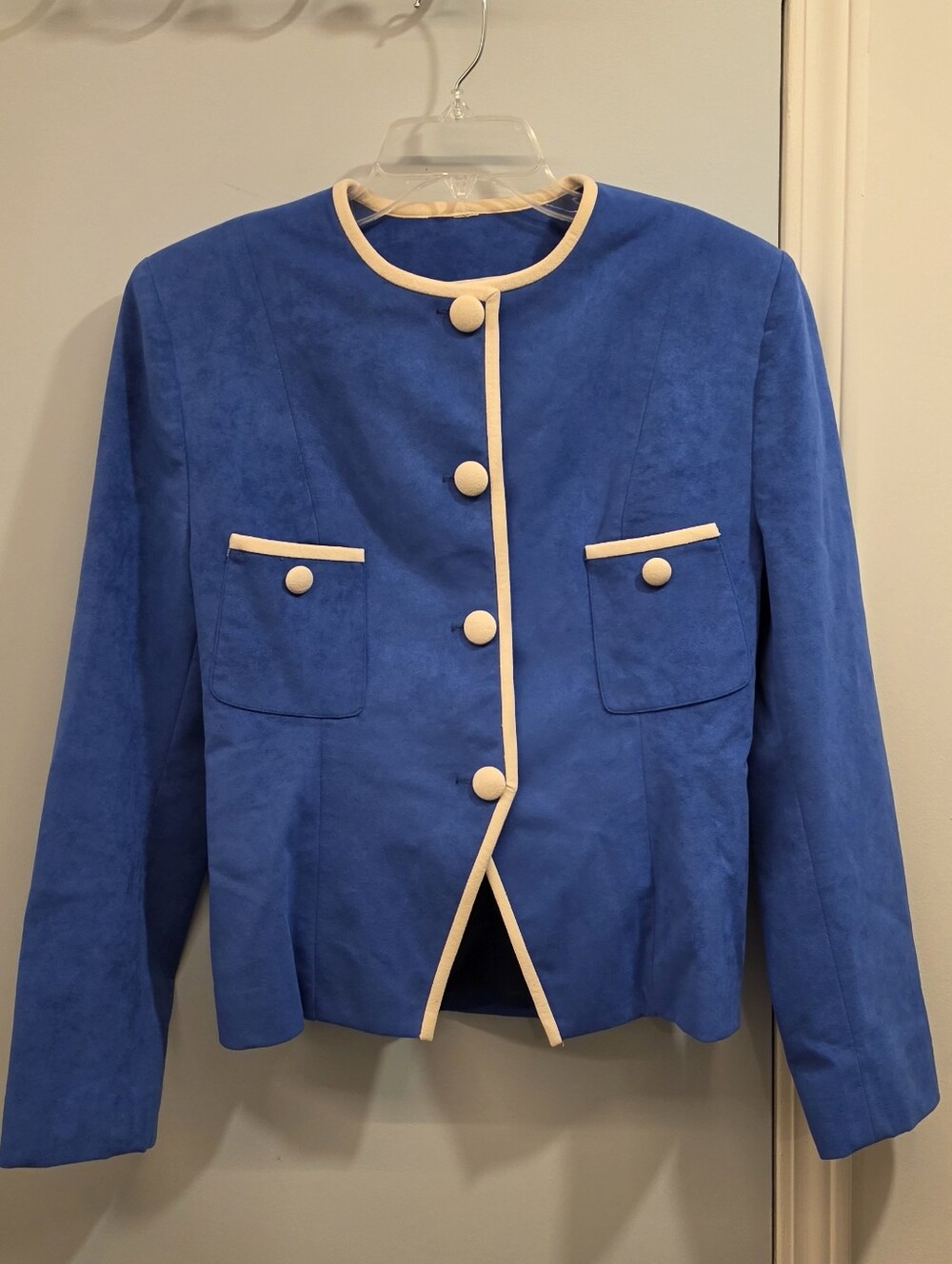 VTG 80s Royal Blue Ultrasuede Blazer Jacket Contrast Trim Washable Womens M L 40